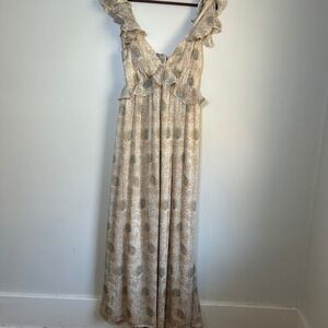 NWT Aakaa Maxi Dress Ruffle Floral Size S Tan Boho Wedding Guest